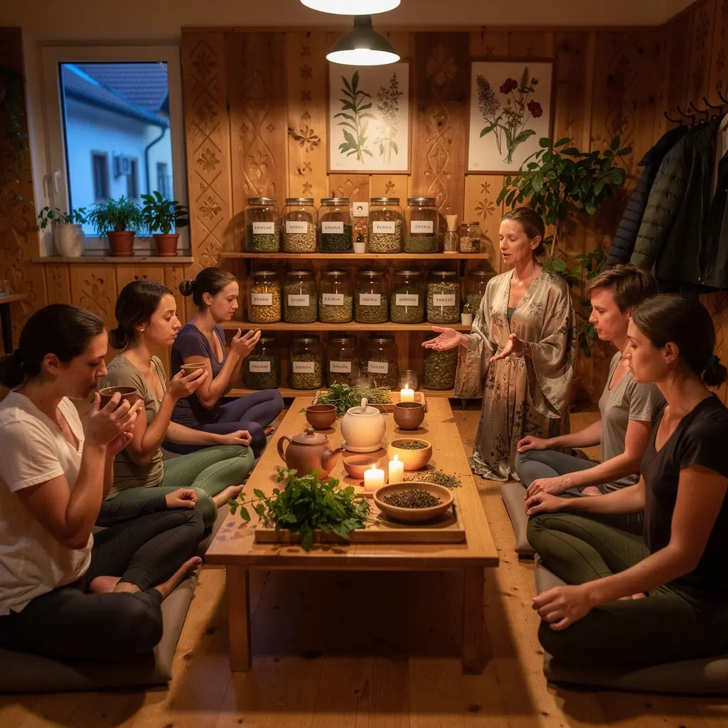 Záber na čerstvé bylinky, ako sú mäta a harmanček, pripravené na čaj.