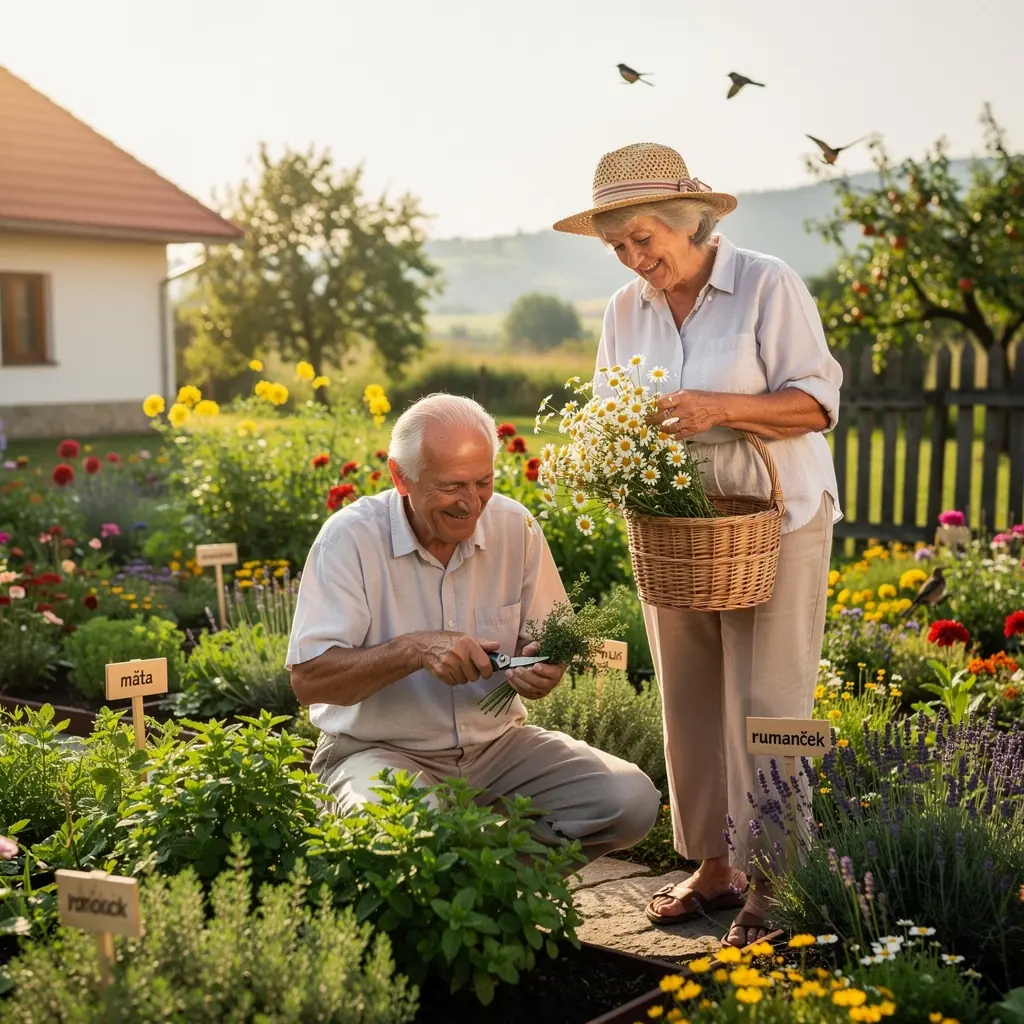 Tradičný slovenský čajový set s dekoratívnymi vzormi a aromatickými nápojmi.