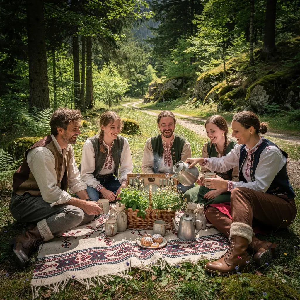 Tradičný spôsob prípravy čaju s rodinou pri krbe v horskej chate.