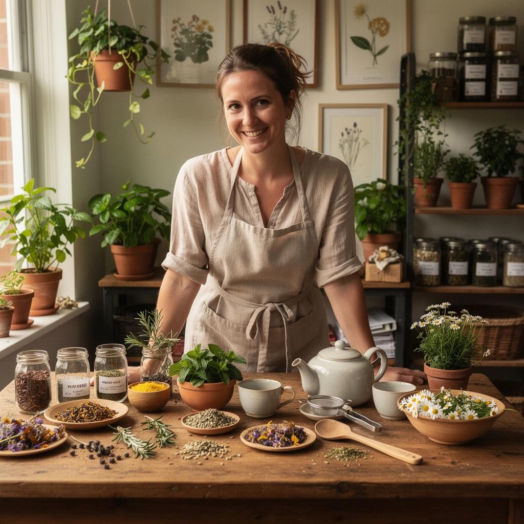 Ručne zbierané bylinky rozprestierajúce sa na drevenom stole s pohľadom na hory.