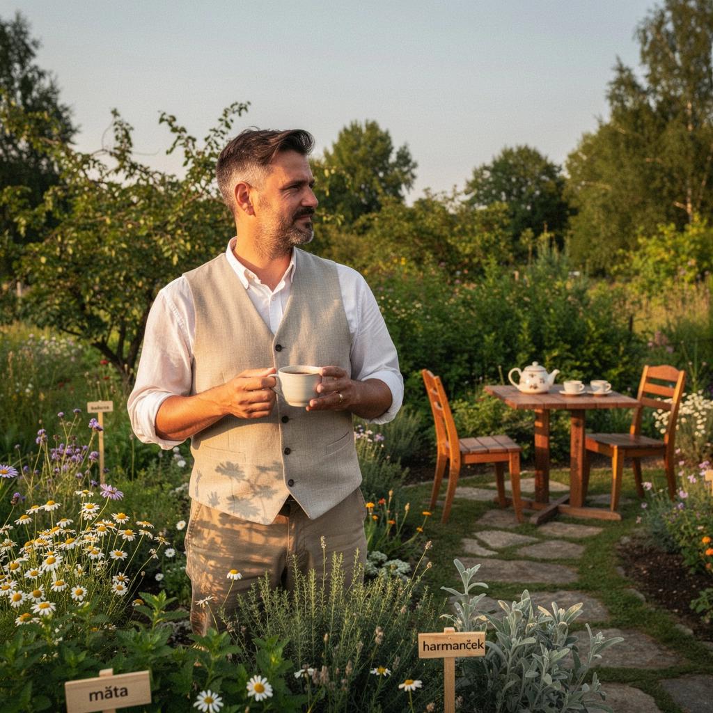 Skupina priateľov vychutnávajúcich si tradičný čaj na terase s výhľadom na slovenskú prírodu.